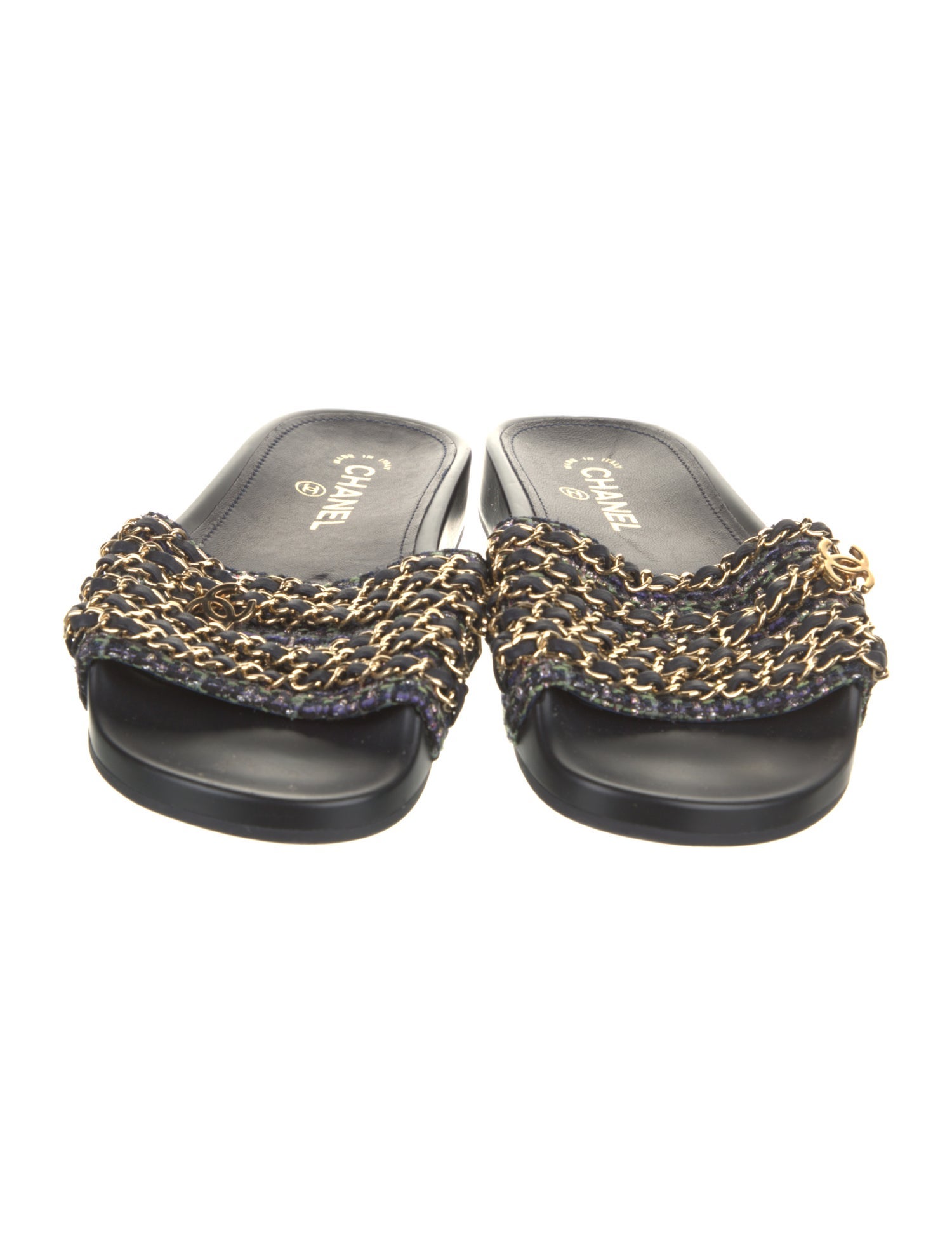 Chanel Interlocking CC Logo Tweed Slides